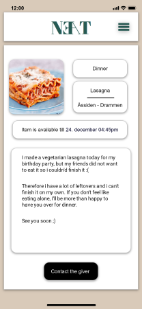 Mobile display of filled out description of uploaded food item on
        the neat app,from takers viewpoint