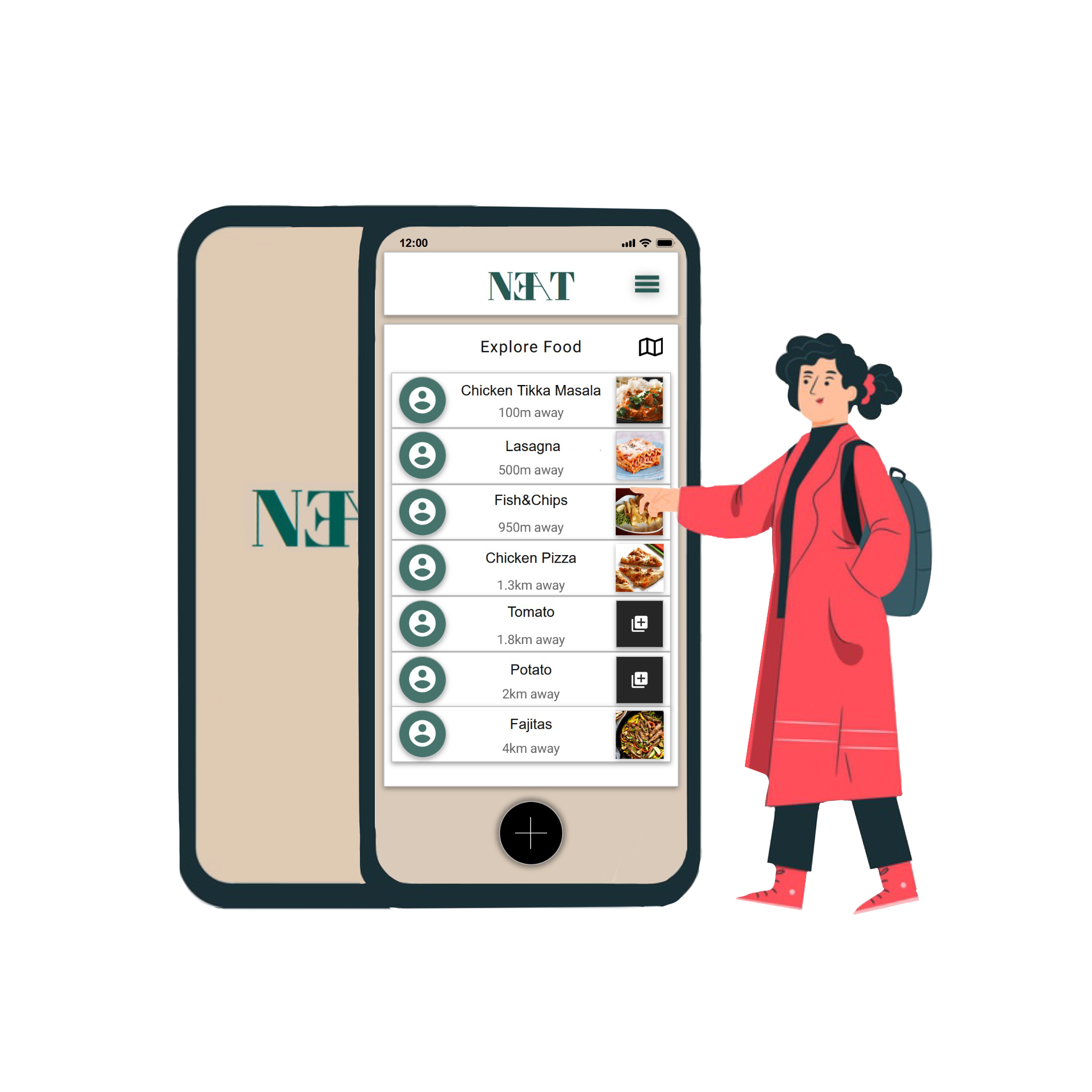 Girl with red jacket and backpack pointing at huge mobile
       with neat app on display