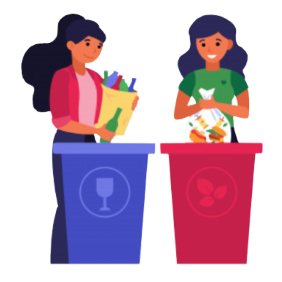 Two girls throwing garbage in the dustbin 